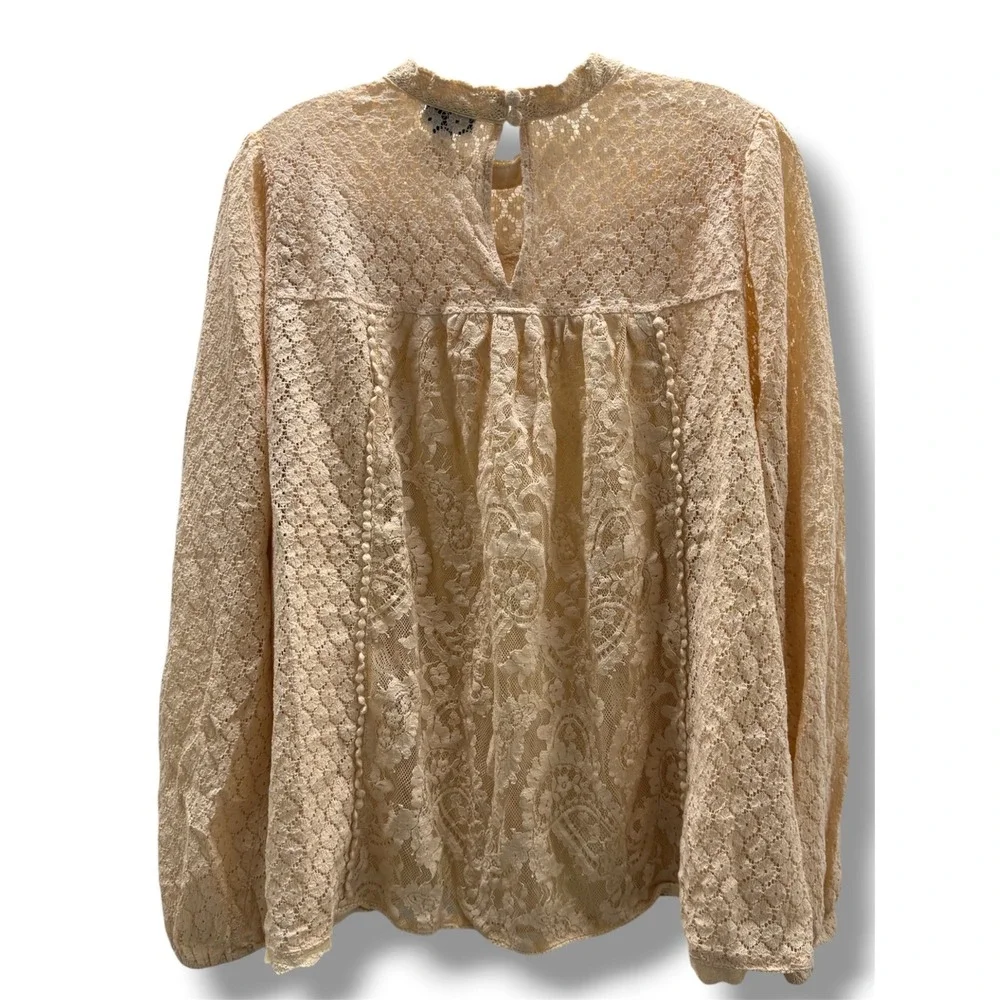 Torrid Mixed Lace High Neck Long Sleeve Blouse Beige Cream 2 2X Victorian - Picture 7 of 10
